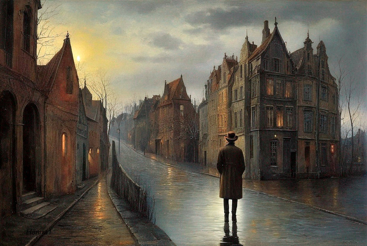Solitary Figure by Canal on Cobblestone Street