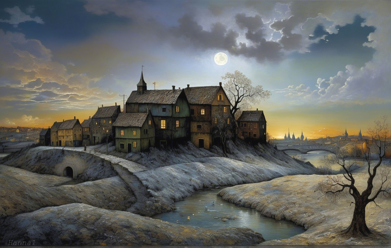 Twilight Village on Snowy Hillside with River and Trees