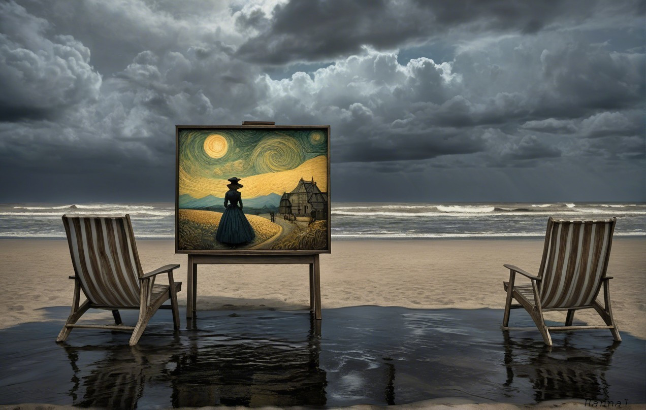 Dramatic Beach Scene with Empty Deck Chairs and Art