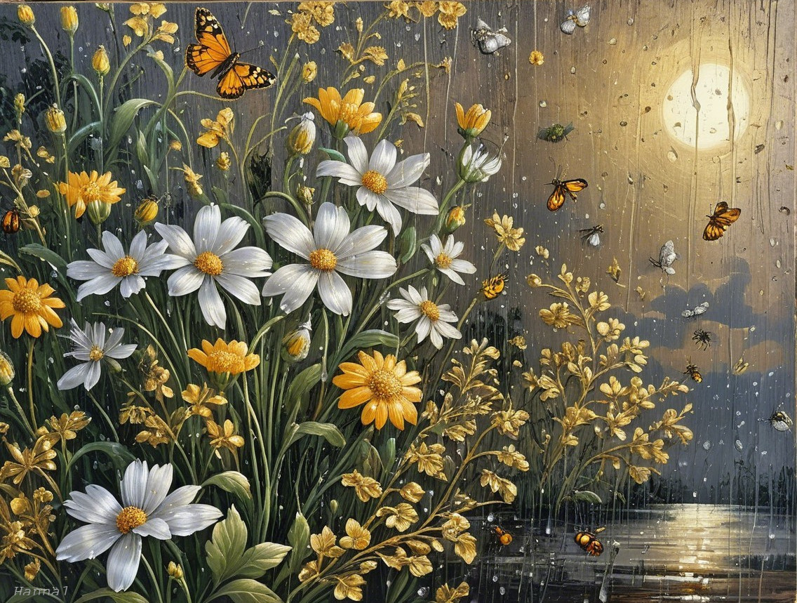 Vibrant garden scene with flowers, butterflies, and moonlight