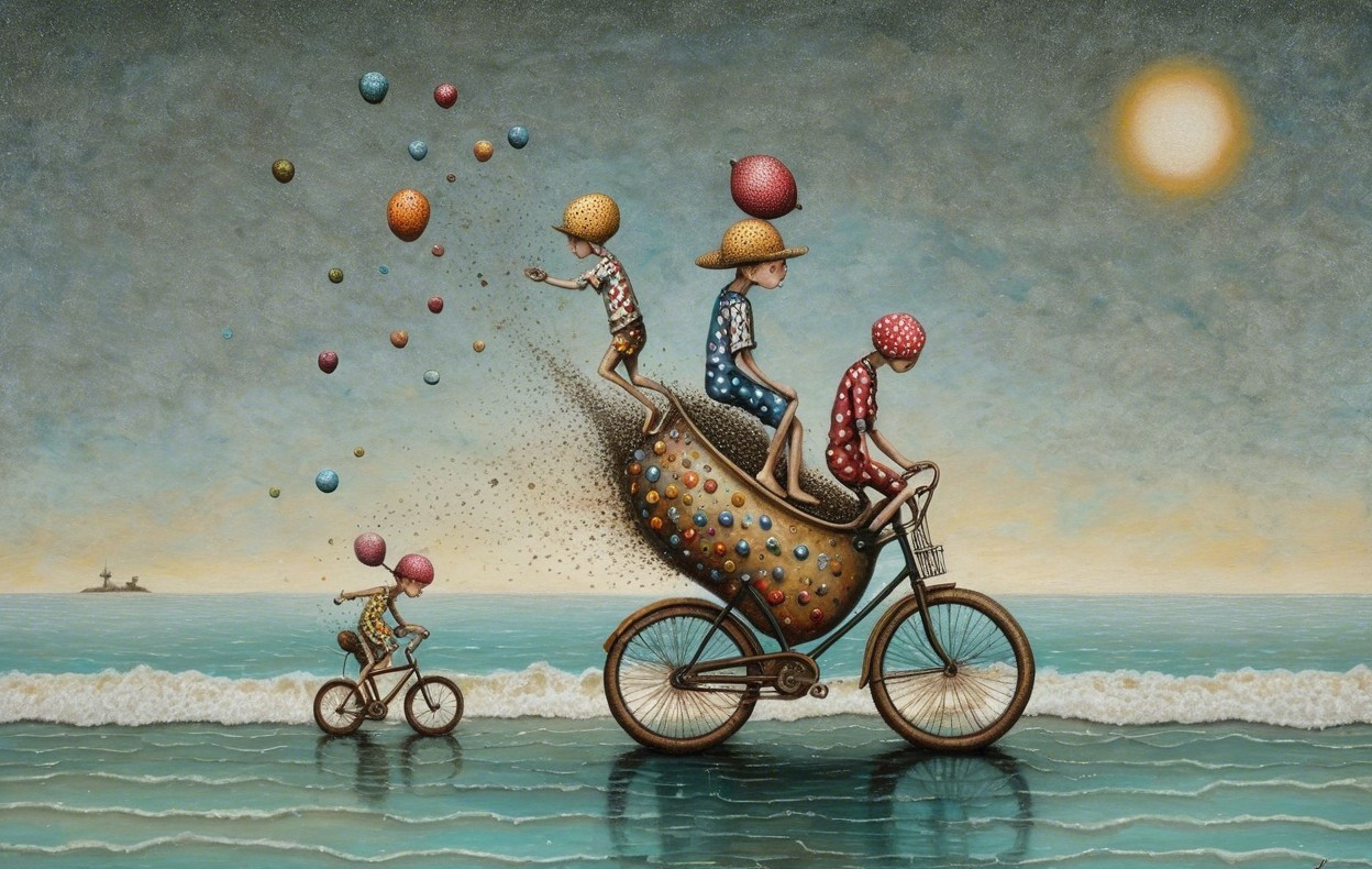 Children Riding Bicycles by the Beach in Colorful Outfits