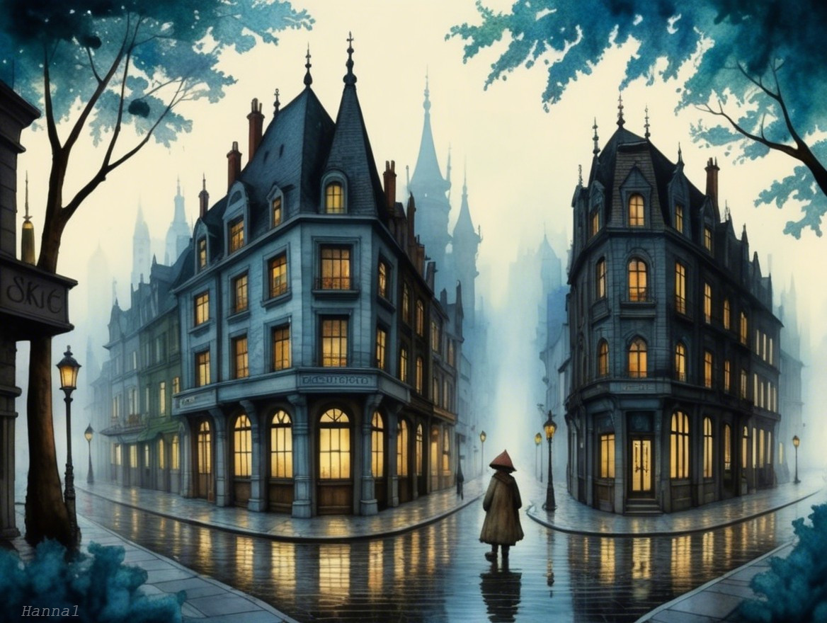 Misty Street Scene with Charming Buildings and Foggy Towers