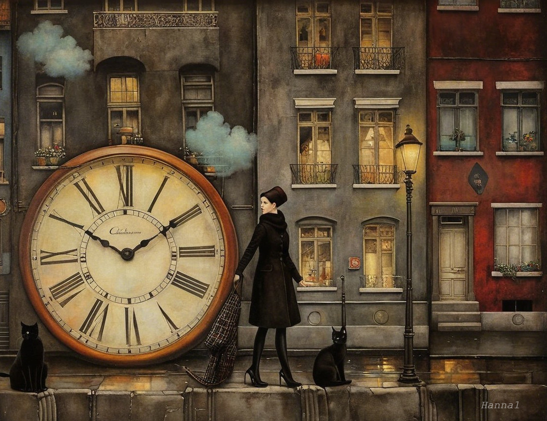 Woman in Vintage Coat by Oversized Clock in City