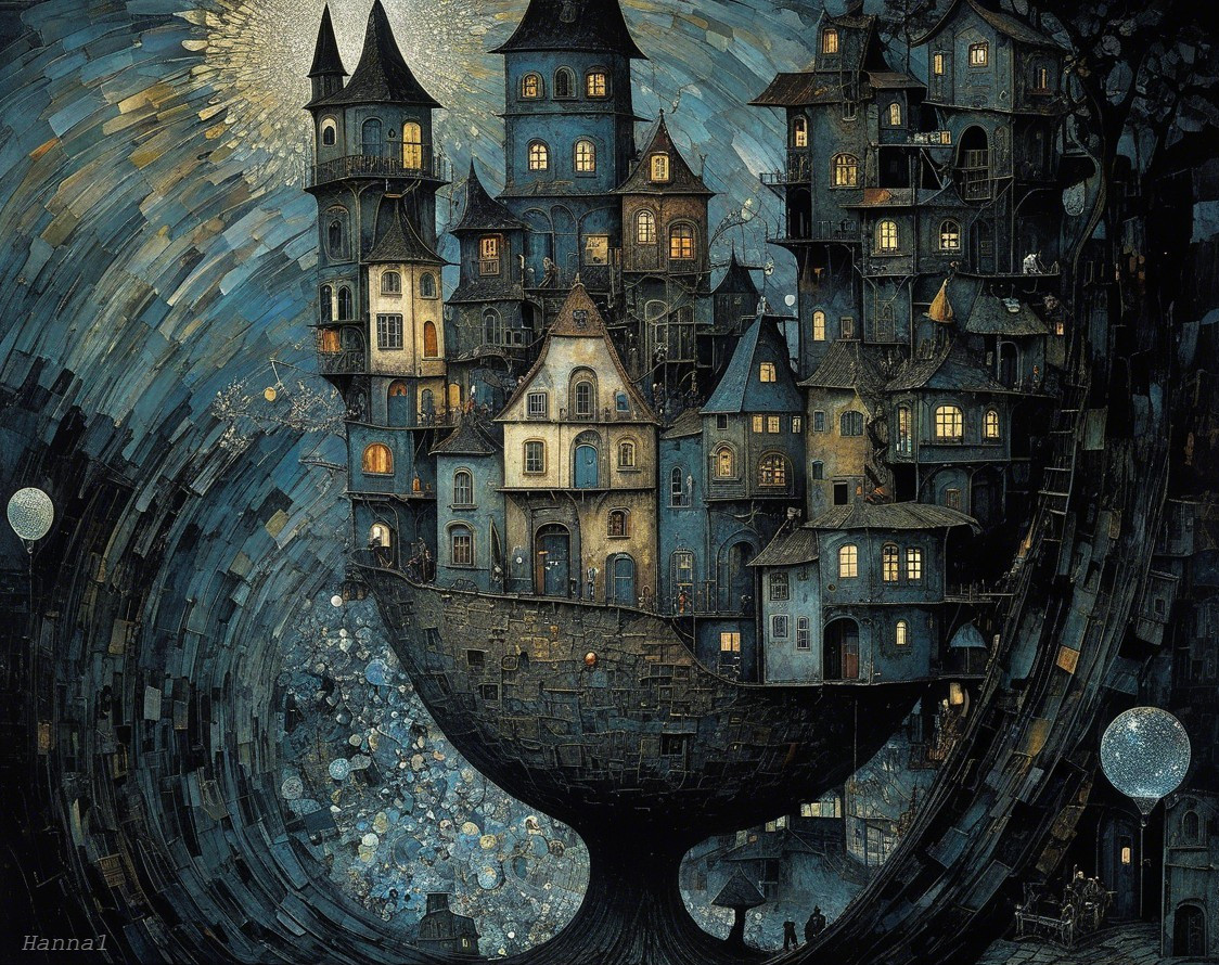 Whimsical Landscape with Fantastical Houses and Stars