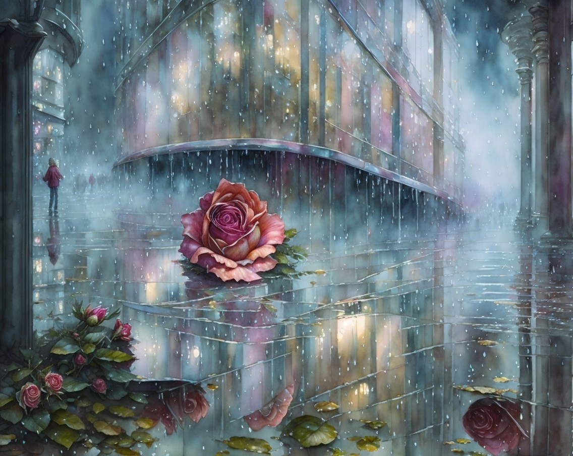 Vibrant rose on wet surface with blurred gate background