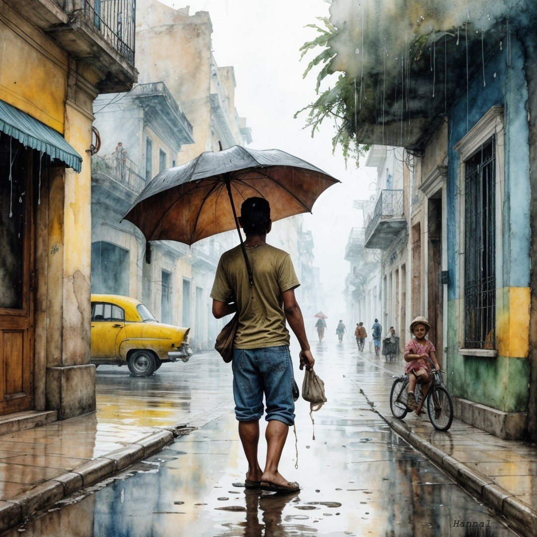 Lone Figure on Rainy Street with Vintage Buildings