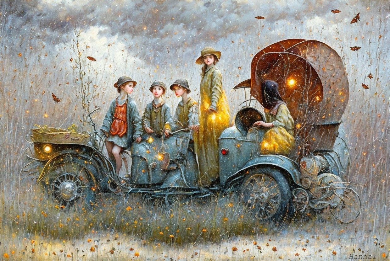 Children on Vintage Car in Whimsical Scene