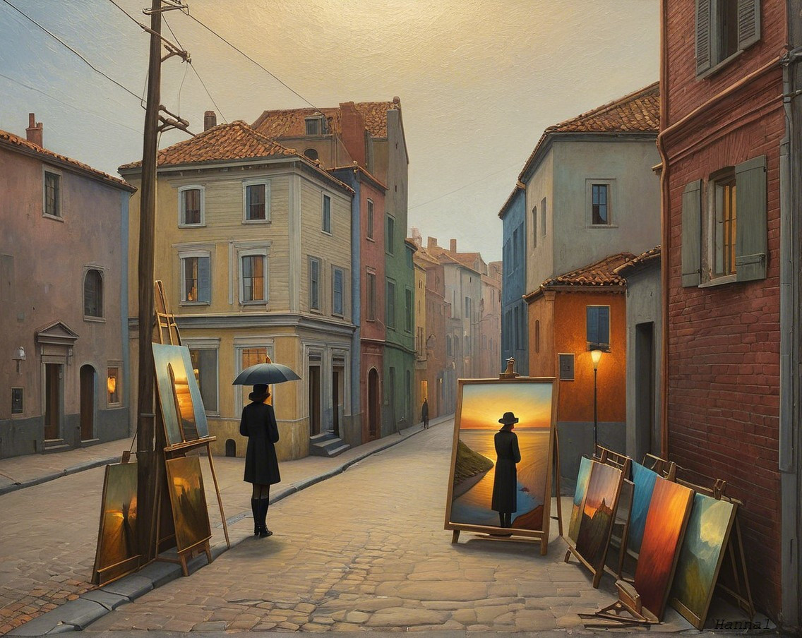 Serene Dusk Street Scene with Vibrant Art Display