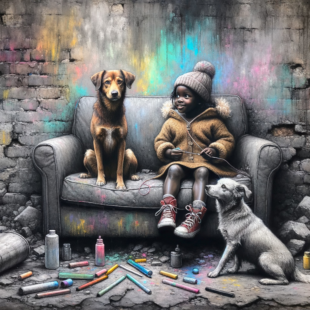 Young girl with dogs in colorful urban setting