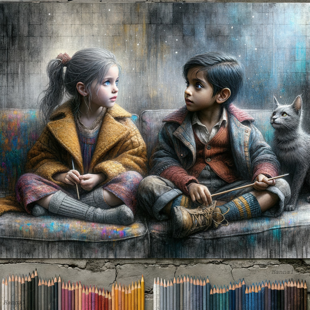 Children on a Worn Sofa Engaged in Conversation