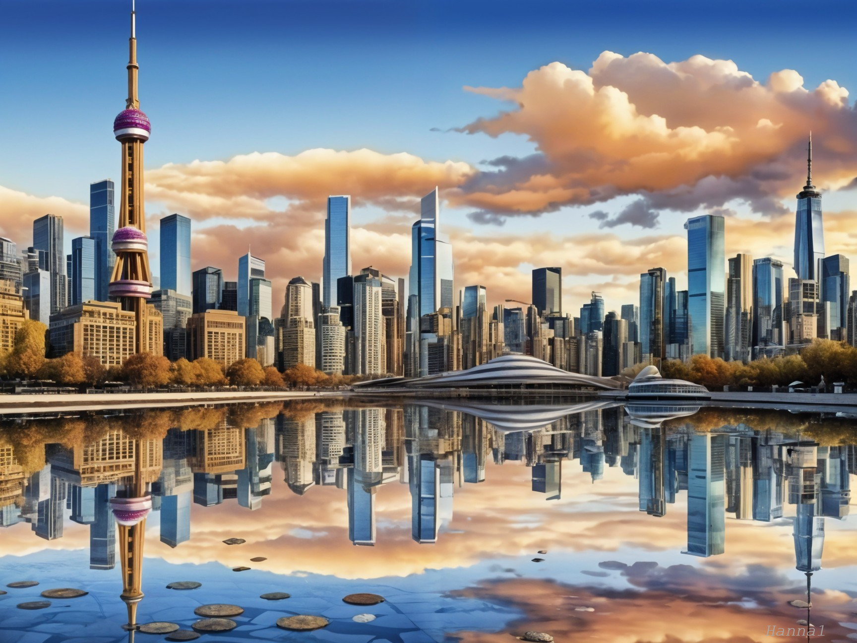 City Skyline Reflected in Serene Waters with Trees