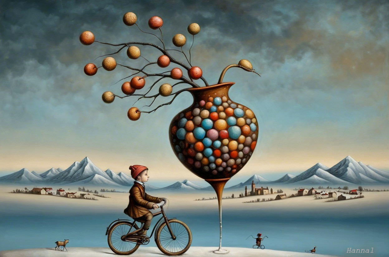 Whimsical Child on Bicycle in Snowy Landscape