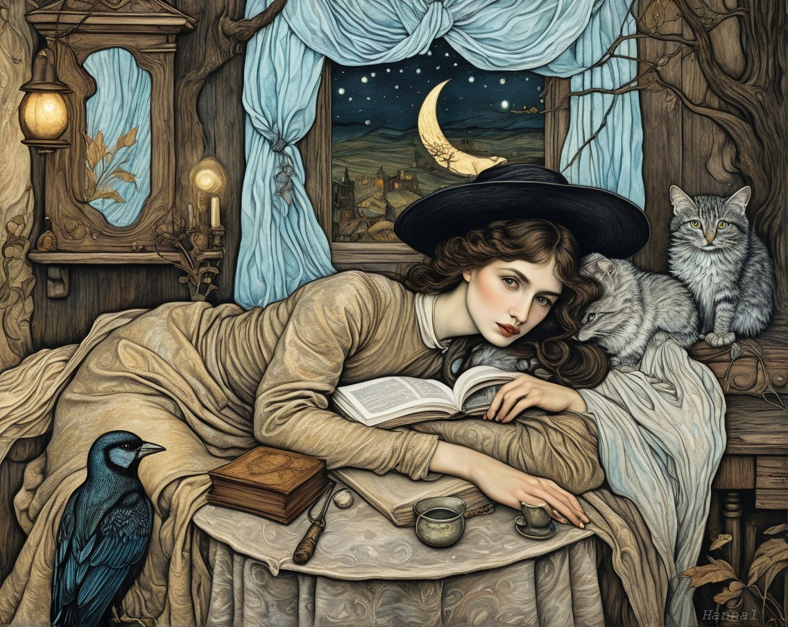 Young Woman Reading in Moonlit Bedroom with Cat