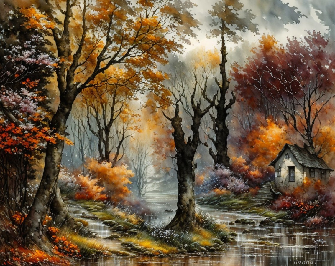 Serene Autumn Landscape with River and Cottage