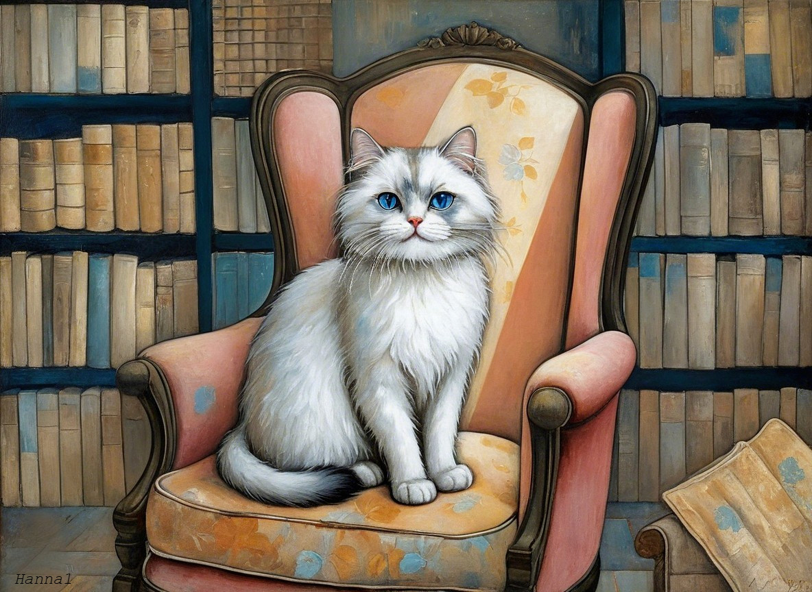 Fluffy White Cat on Vintage Floral Armchair