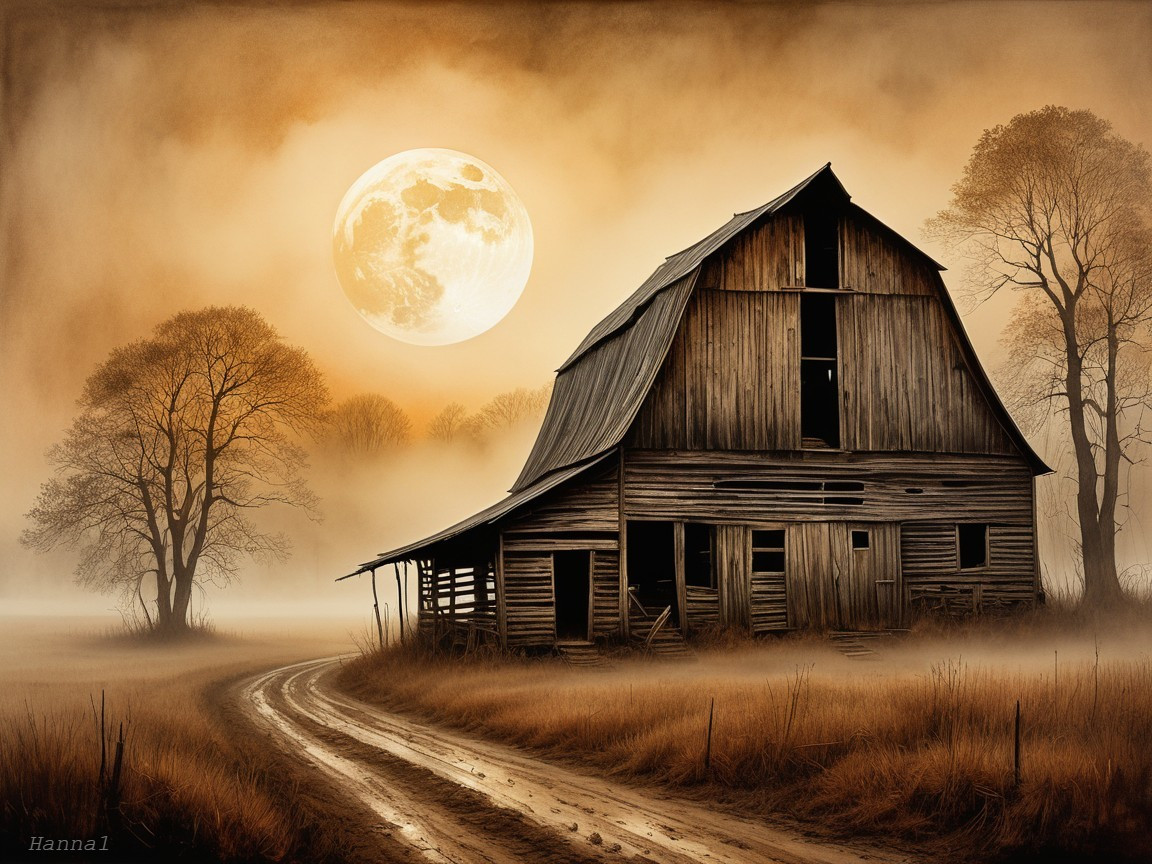 Weathered Barn in Foggy Landscape Under Full Moon