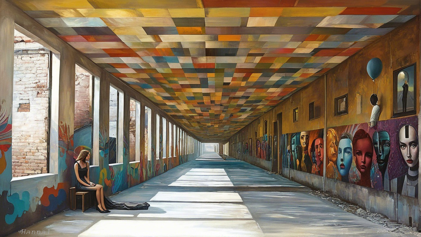 Abandoned Corridor with Colorful Ceiling Tiles and Murals