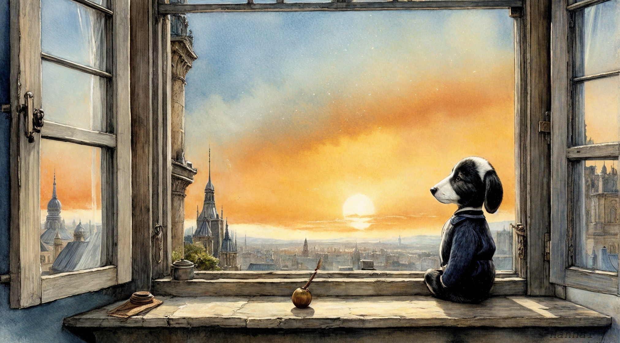 Dog in Blue Sweater Watching Sunset Over City Skyline