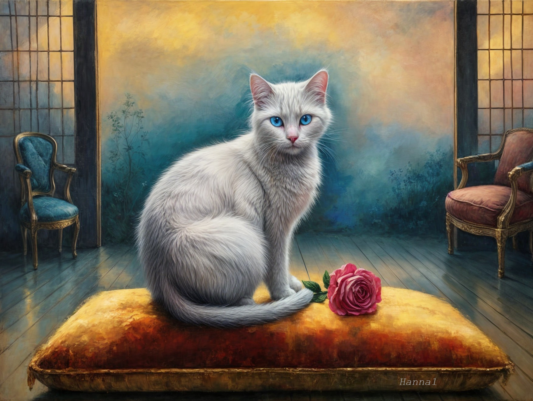 Majestic white cat on golden cushion with rose backdrop