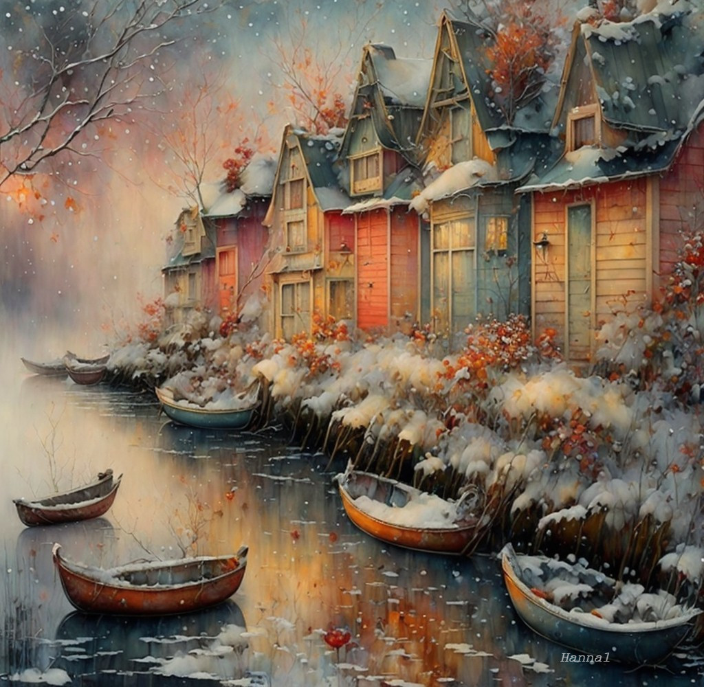 Serene Winter Landscape with Colorful Houses and Waterway