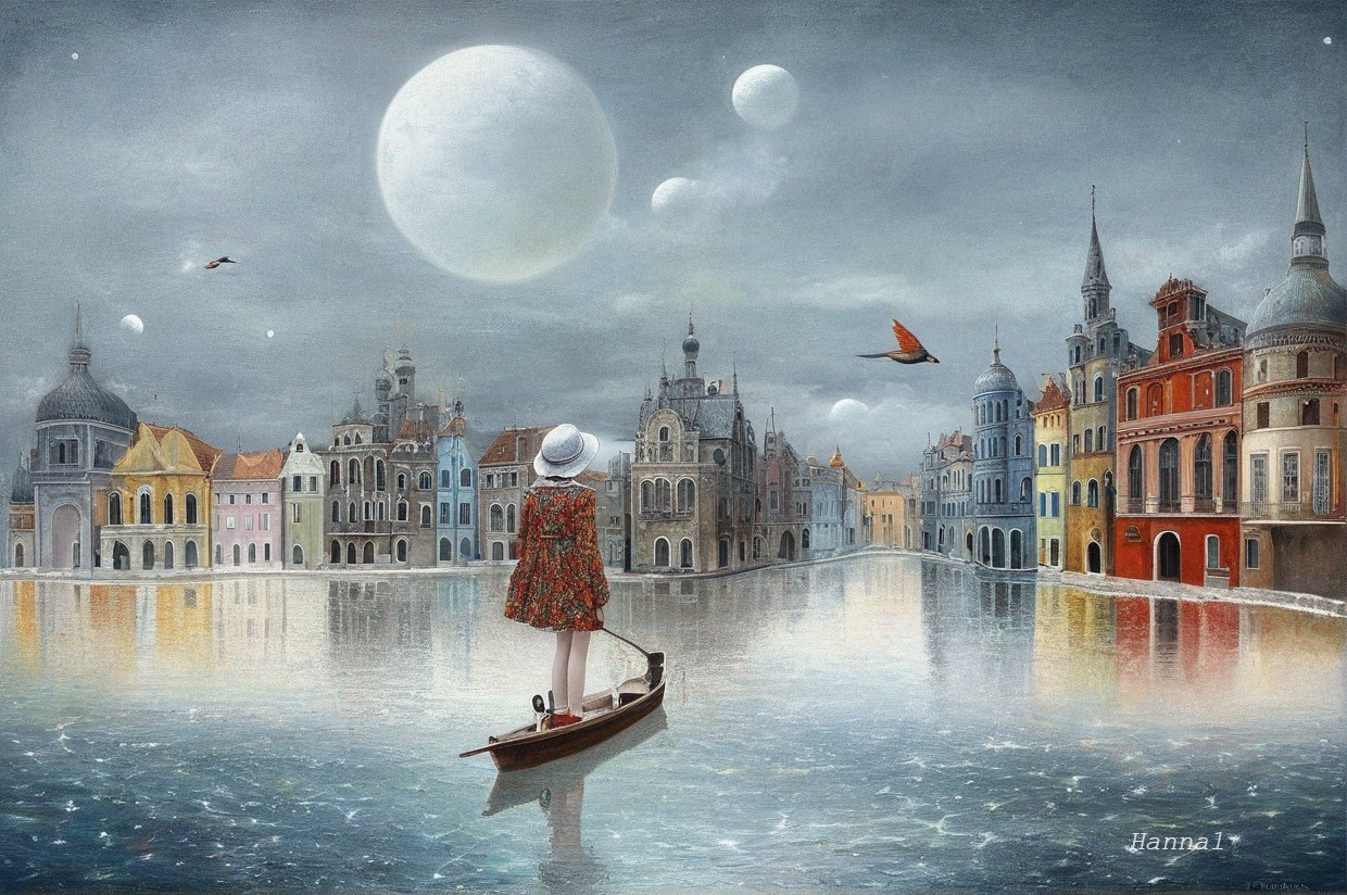 Lone Figure in Boat Surrounded by Colorful Buildings