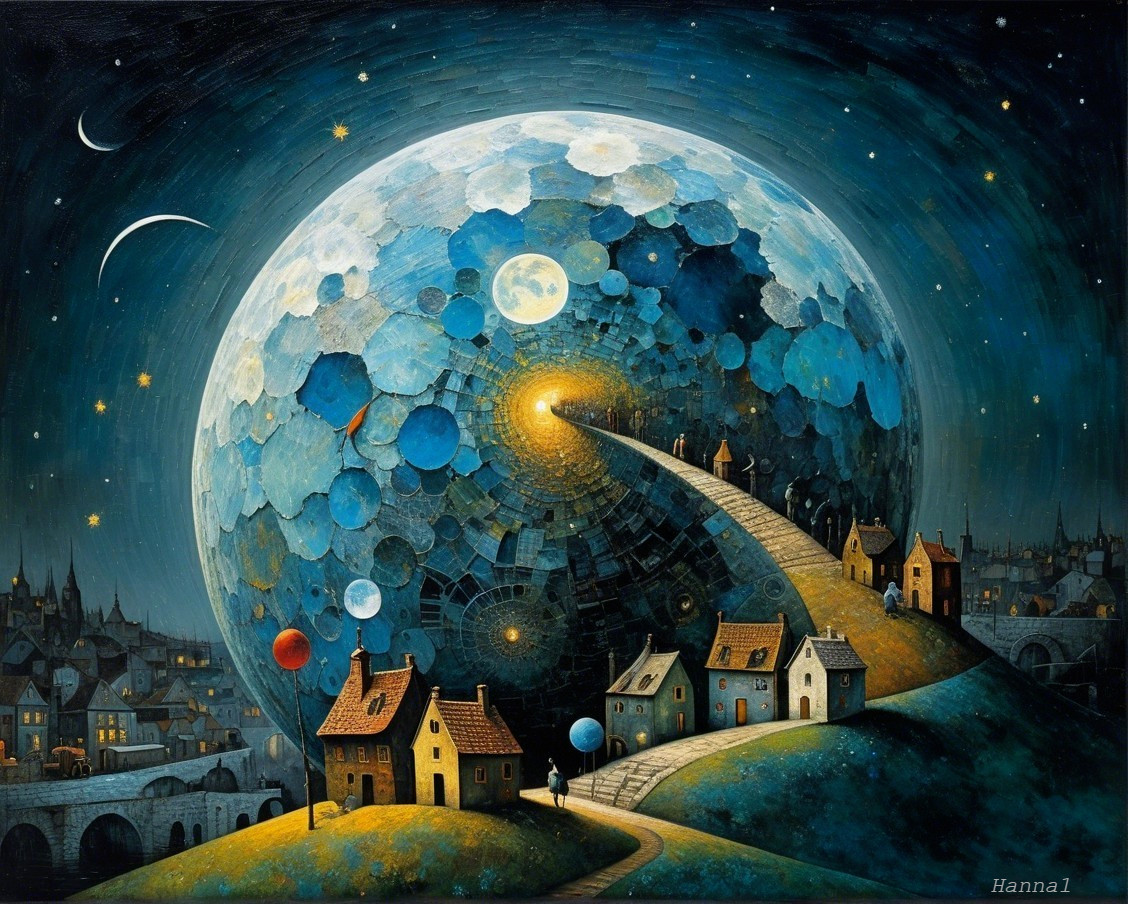 Whimsical Landscape with Colorful Moon and Houses