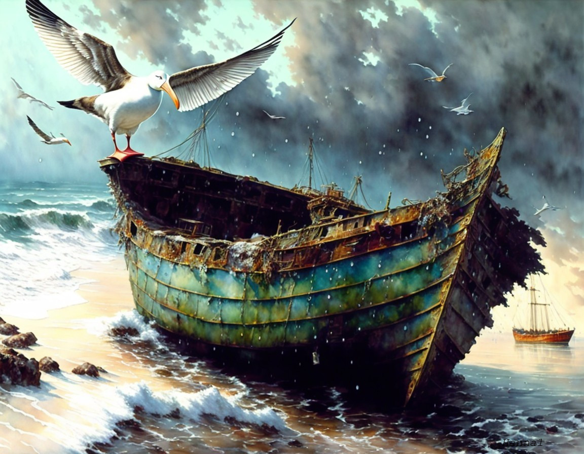 Abandoned Shipwreck in Turbulent Waves and Storm Clouds