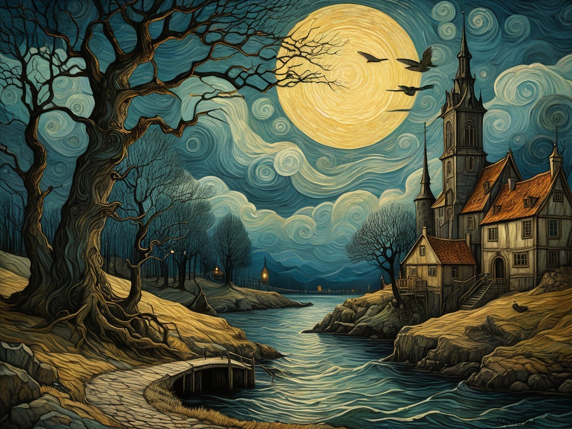 Serene landscape with full moon over winding river