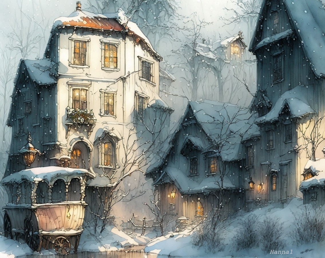 Snowy Winter Village with Charming Houses and Carriage