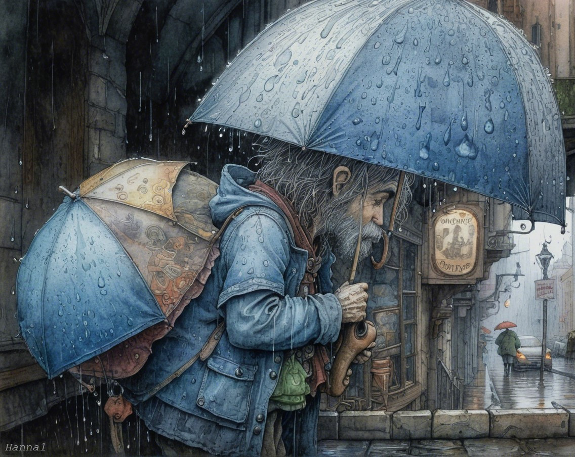 Whimsical Rainy Street Scene with Umbrellas and Key