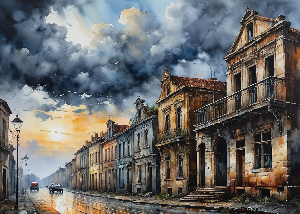 Watercolor of European Town Street at Sunset