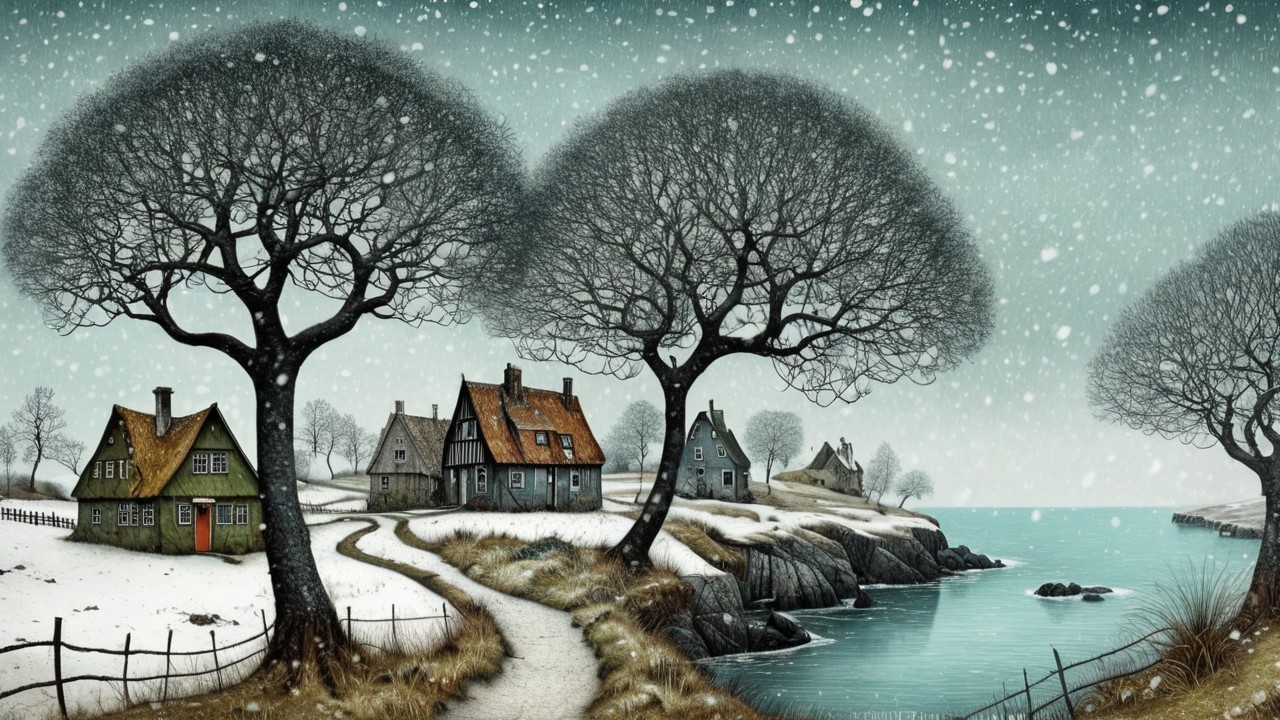 Winter Landscape with Snow, Trees, and Houses