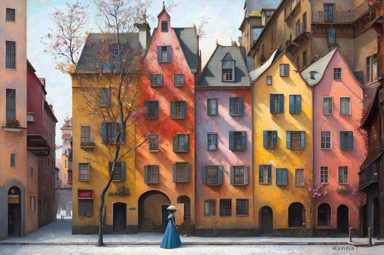 Quaint Street Scene with Colorful Buildings and Autumn Foliage