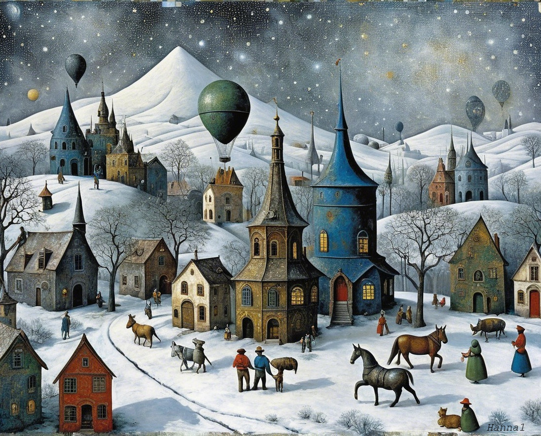 Surreal Winter Village with Colorful Buildings and Balloons