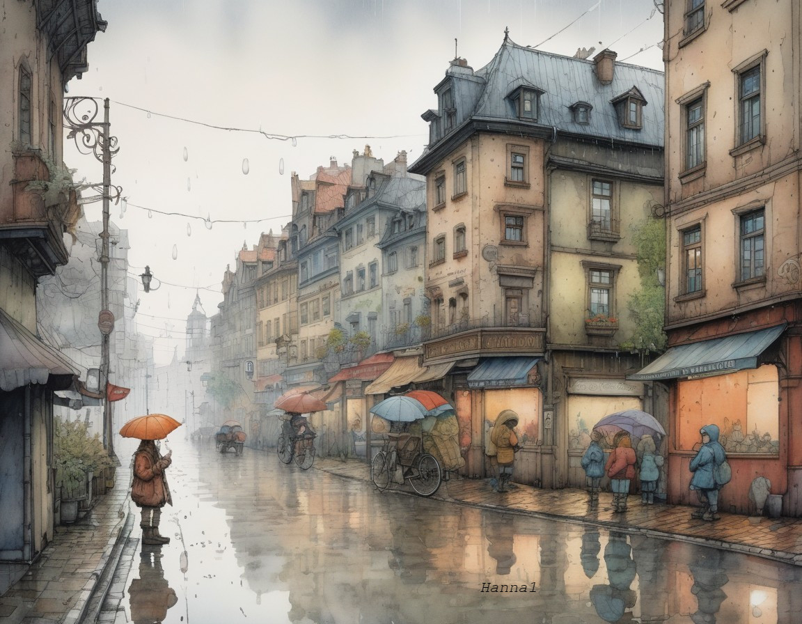 Charming European Town in Rainy Street Scene