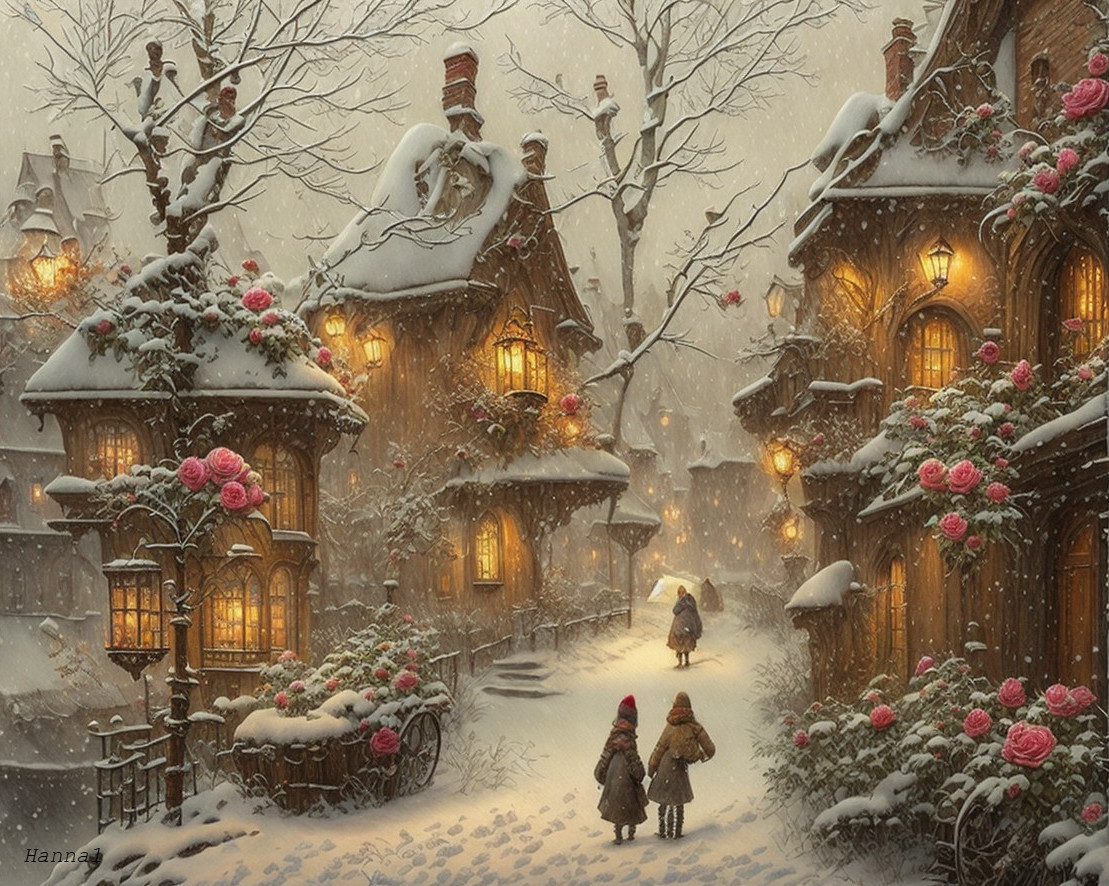 Charming Winter Scene with Cottages and Snowfall