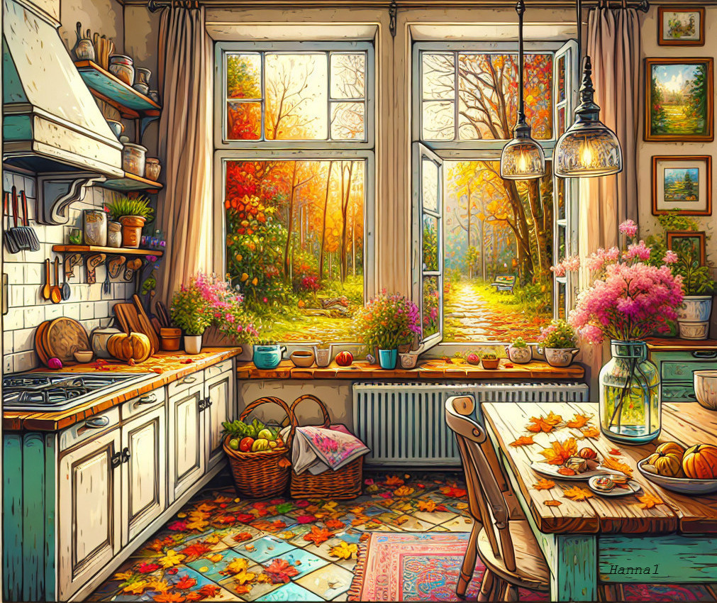 Cozy Kitchen with Pastel Cabinets and Autumn Light