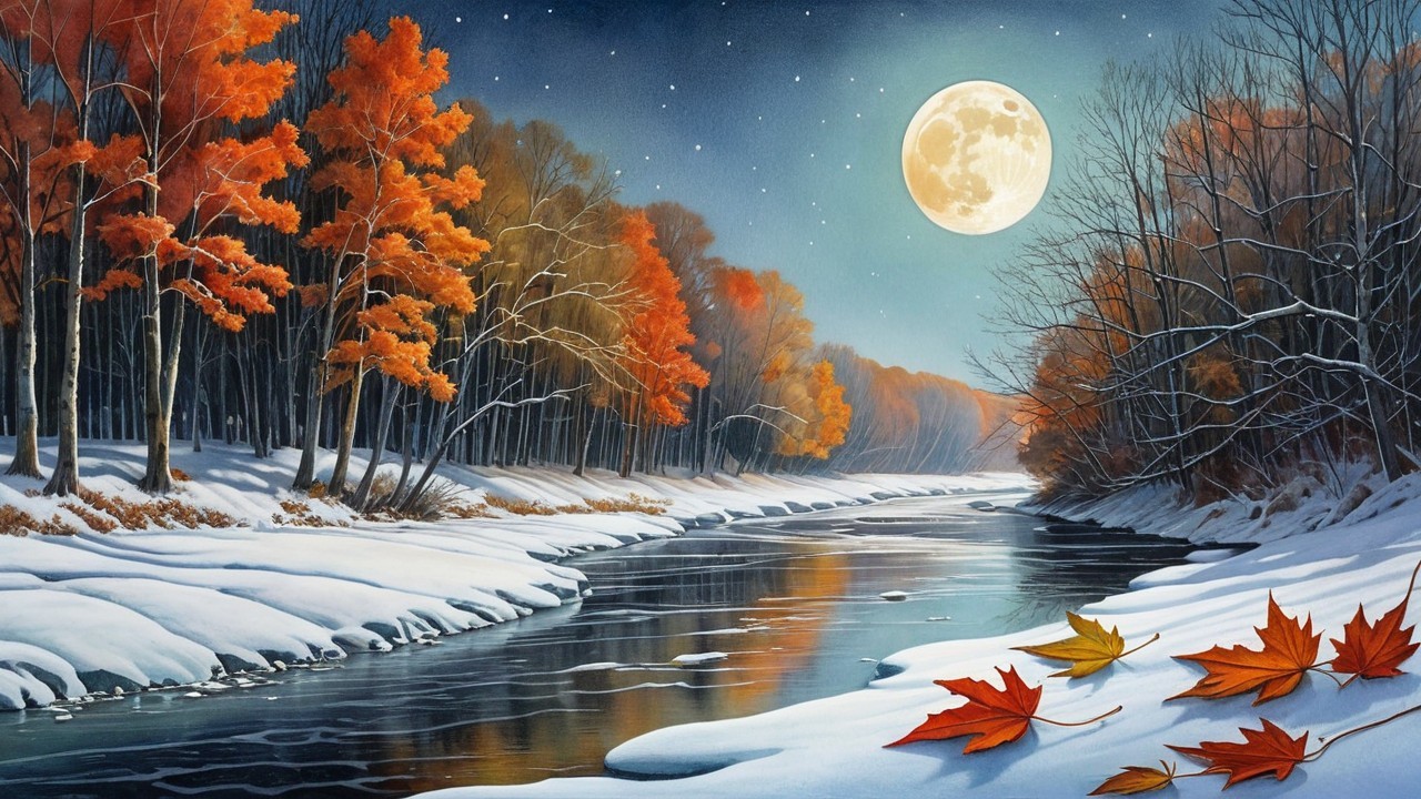 Snowy River in Forest with Golden Leaves at Night