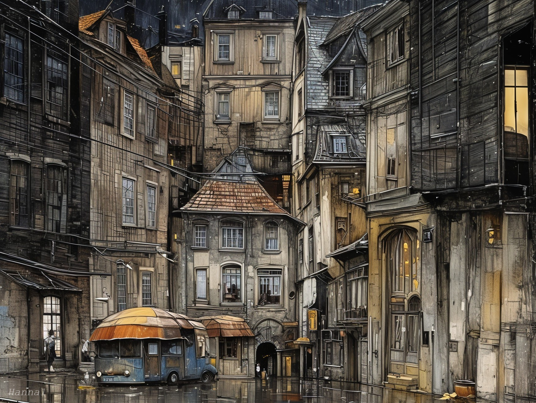 Narrow street with vintage car and aged buildings
