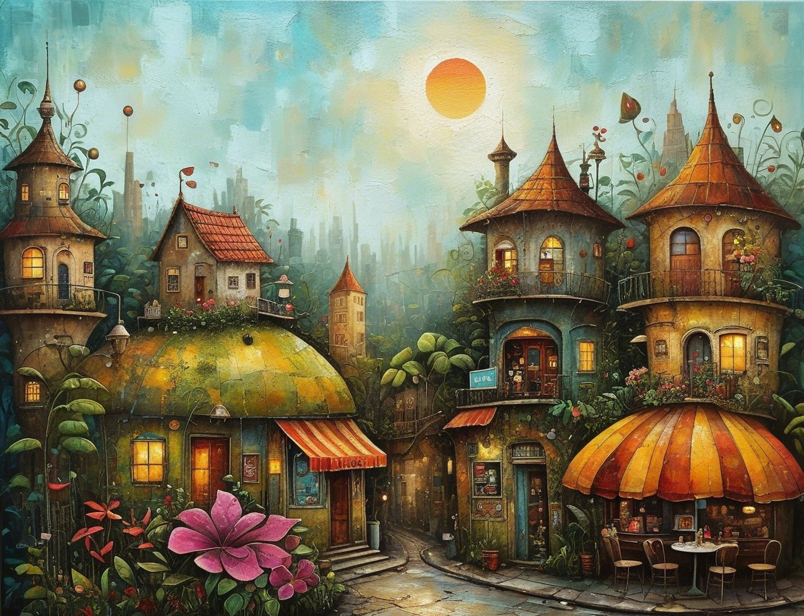 Whimsical Village Scene with Colorful Houses and Nature