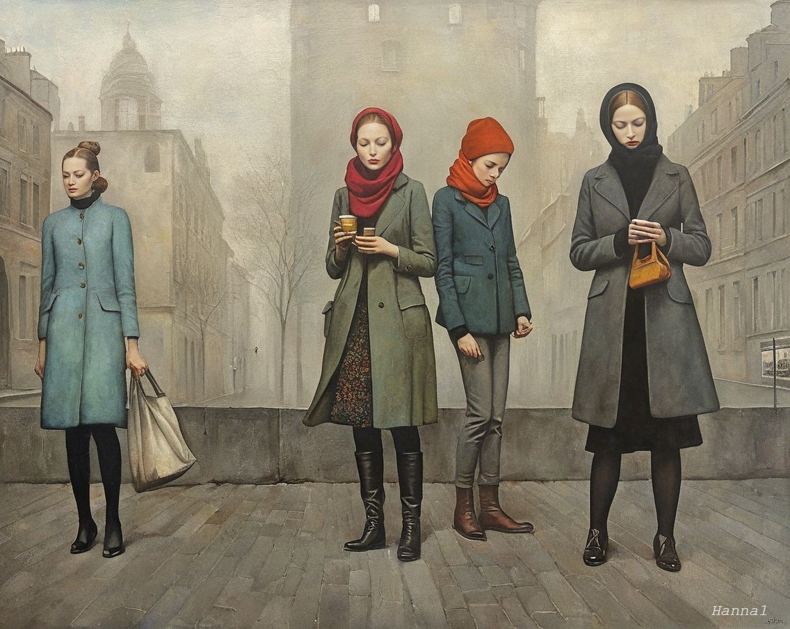 Four Women in Stylish Clothing on Foggy Street