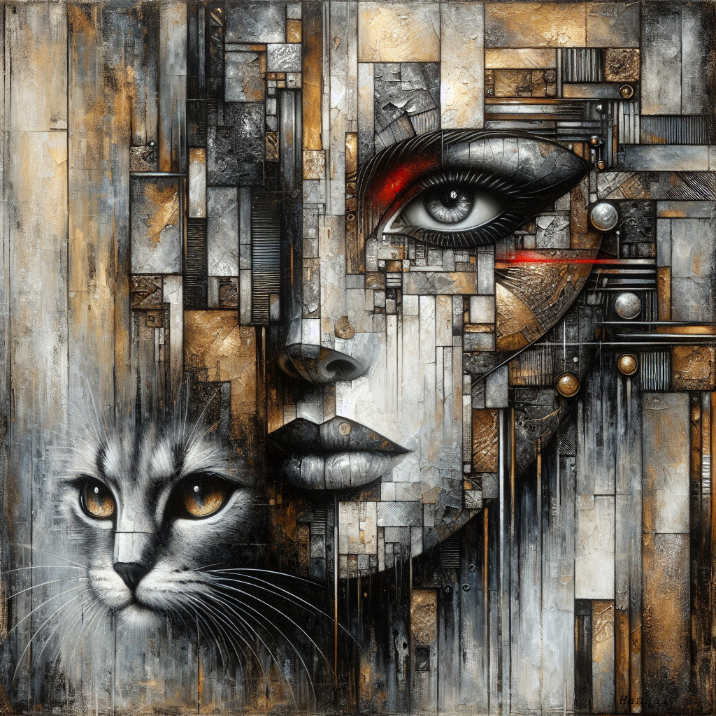 Abstract Portrait of Woman and Cat in Geometric Style