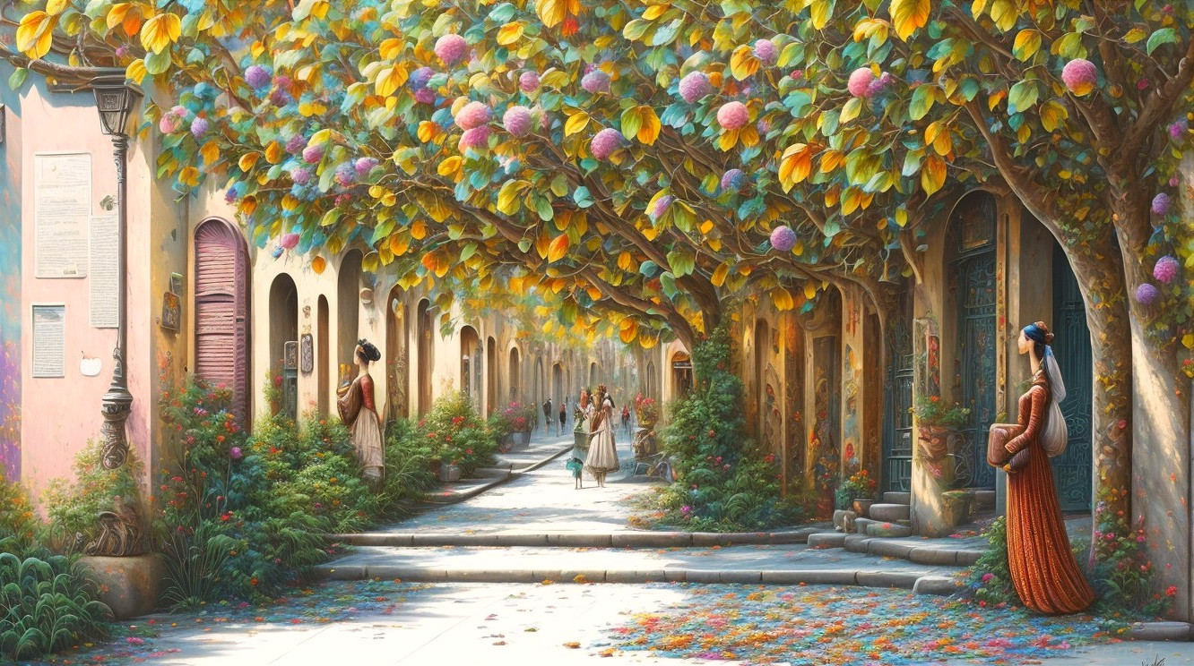 Vibrant Street with Colorful Flowers and Charming Buildings