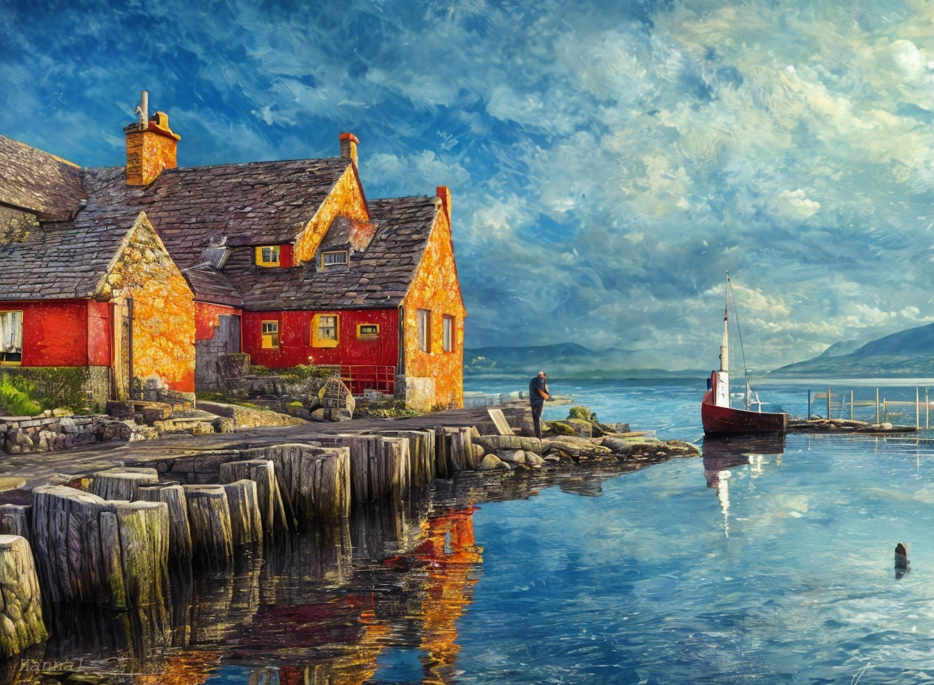 Coastal Scene with Red Cottage and Serene Harbor