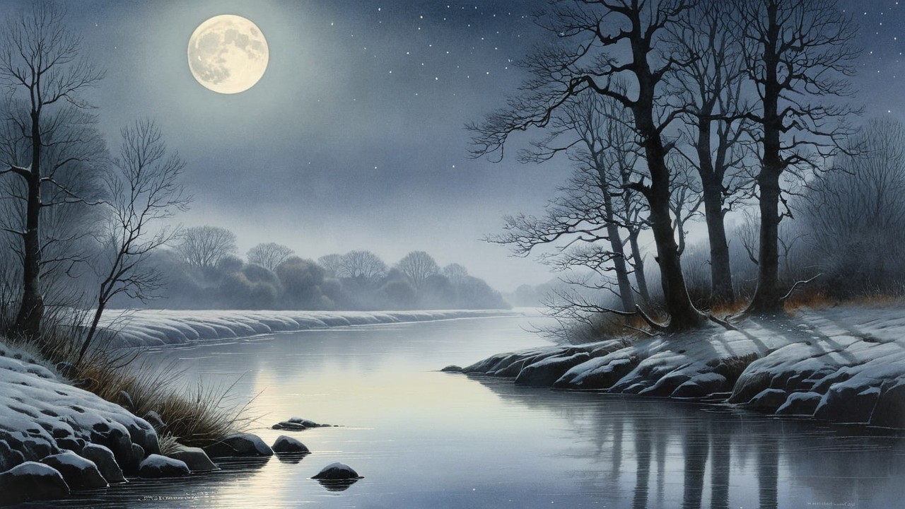 Winter Landscape with Calm River and Starry Sky