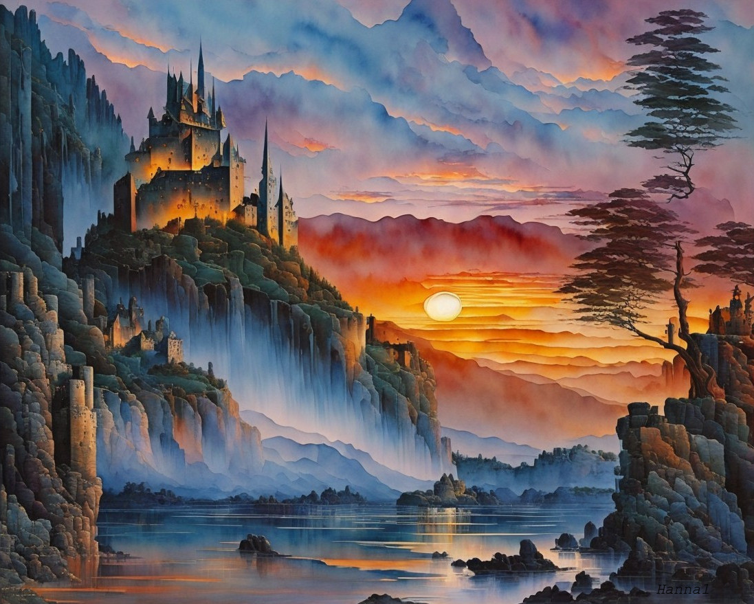 Majestic Castle on Rugged Cliff at Sunset Landscape