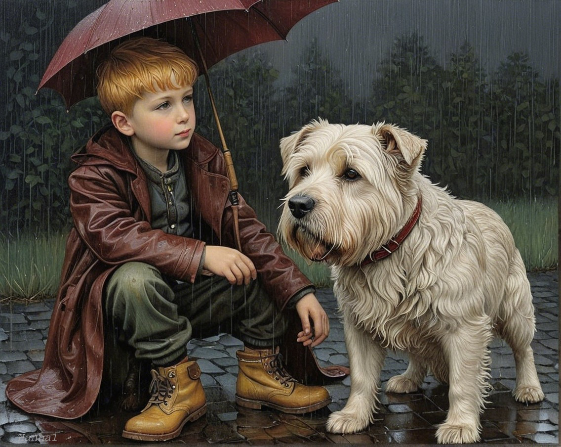 Young boy in raincoat with dog under umbrella