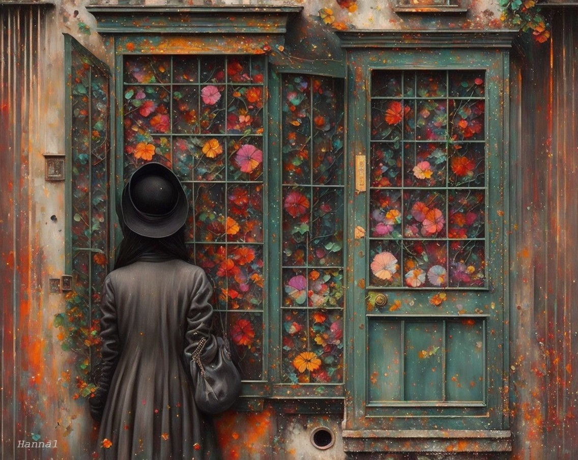 Figure in Black Coat Before Flower-Covered Façade