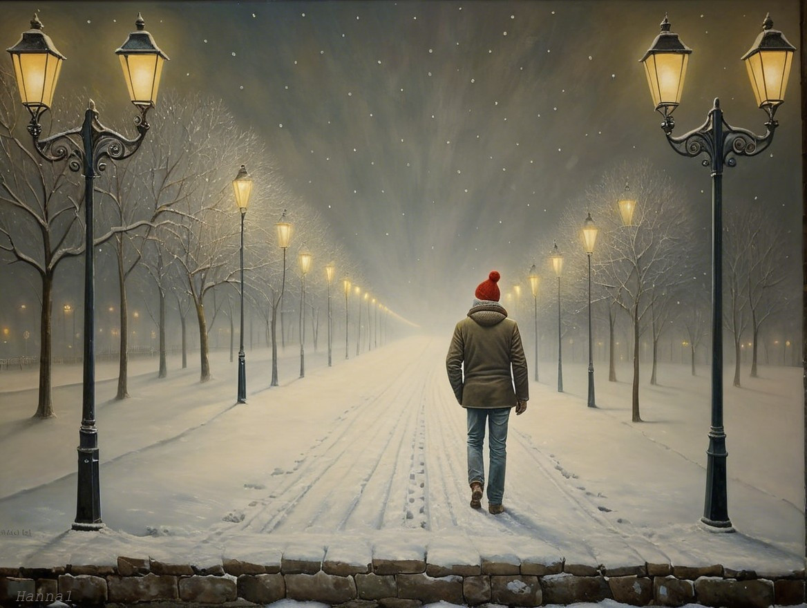 Solitary Figure on a Snowy Path with Street Lamps