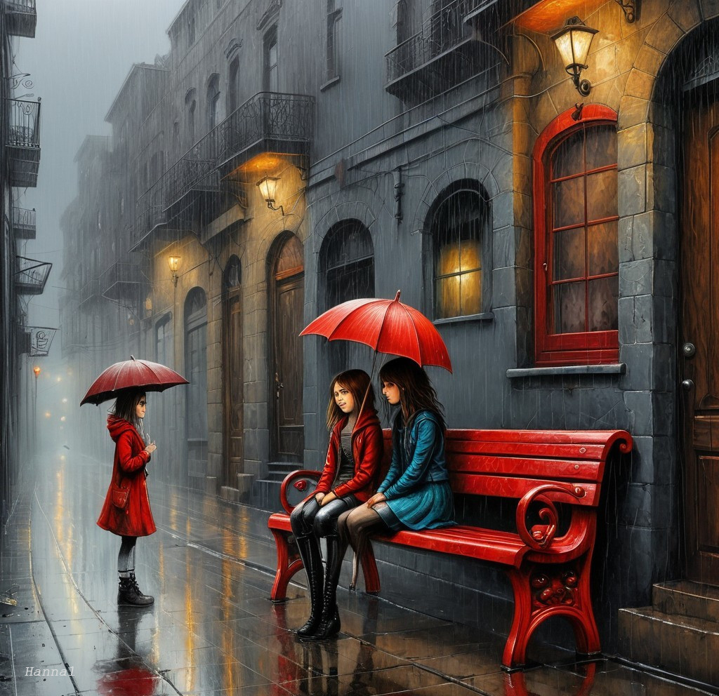 Girls in Red Coats on a Rainy Street Bench